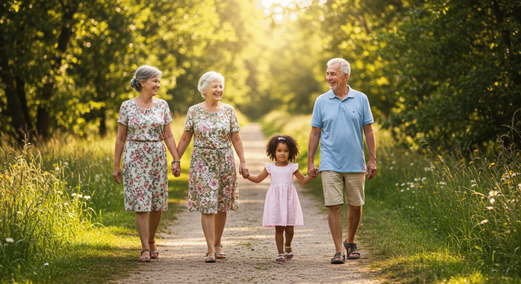 Three generations (grandparent, parent, child) walking together on a scenic nature path