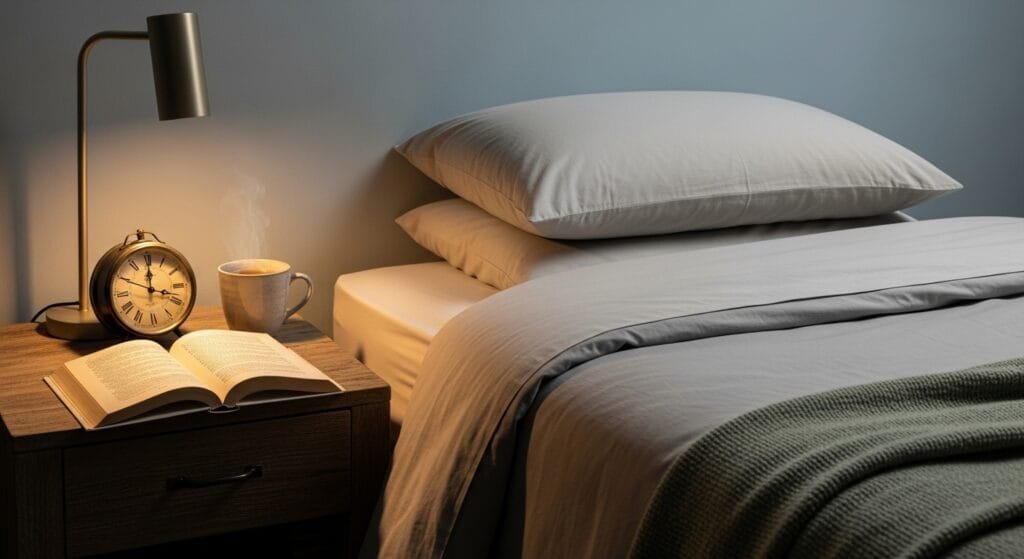 Peaceful bedroom setup with book and herbal tea for healthy evening routine