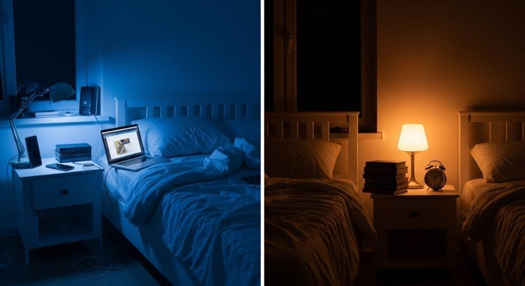 Split comparison of bedroom at night showing blue light from devices versus warm lighting with books and alarm clock for better sleep during digital detox