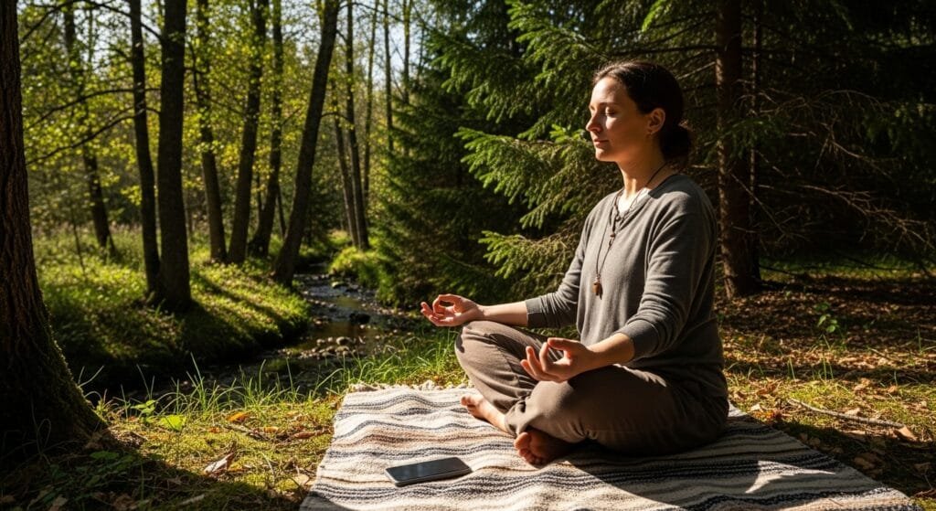 Person meditating outdoors with switched-off smartphone nearby, symbolizing digital detox benefits for mental wellness and mindfulness