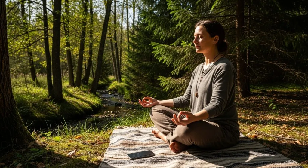 Person meditating outdoors with switched-off smartphone nearby, symbolizing digital detox benefits for mental wellness and mindfulness
