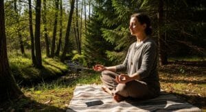 Person meditating outdoors with switched-off smartphone nearby, symbolizing digital detox benefits for mental wellness and mindfulness
