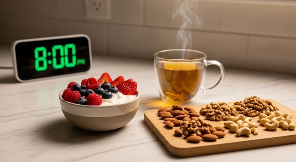 Light healthy evening snack with herbal tea showing proper nutrition timing for better sleep recovery