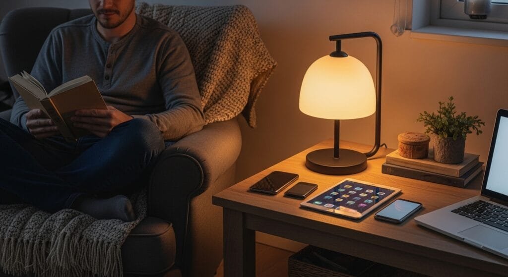 Digital sunset evening routine with devices turned off and warm ambient lighting for better sleep