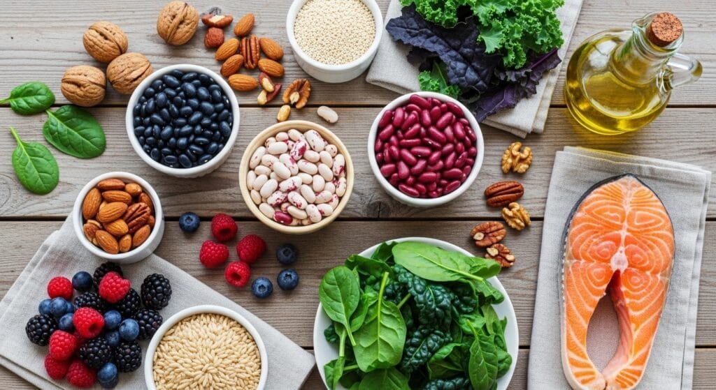 Colourful array of longevity-promoting foods including beans, nuts, berries, whole grains, and olive oil arranged on wooden table