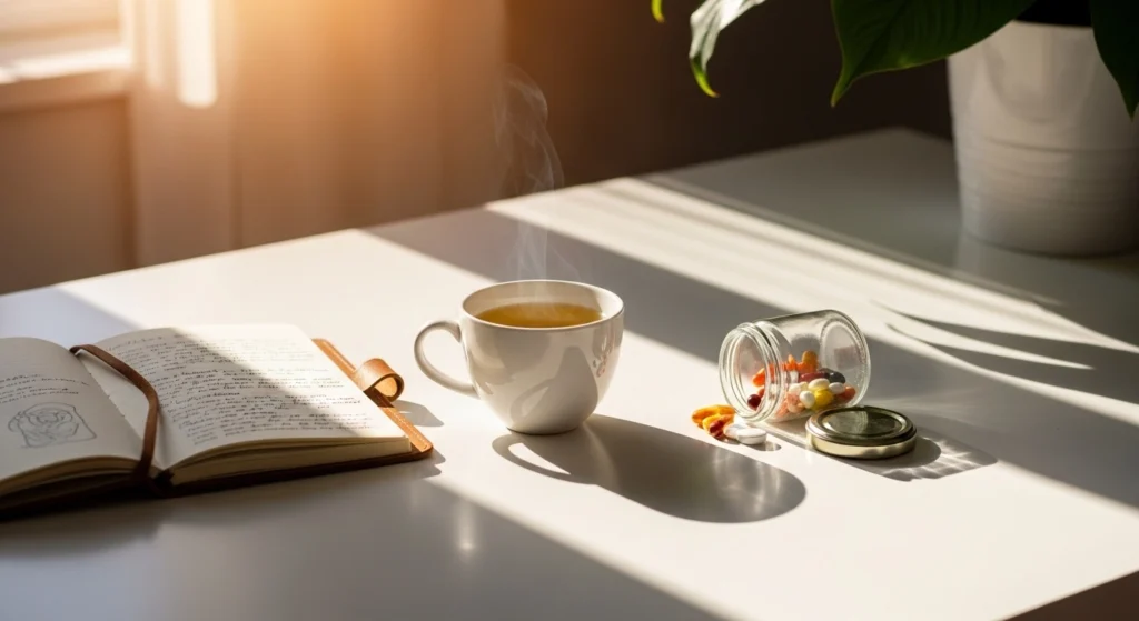 Morning wellness routine with a cup of tea, open journal, and vitamins on a white desk in natural sunlight.