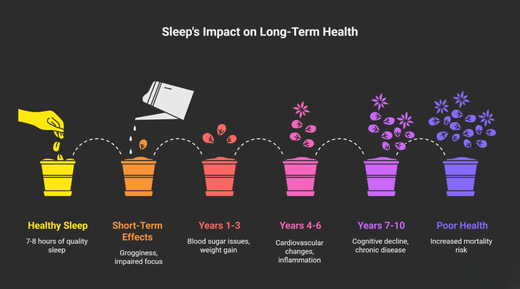 Infographic illustrating how sleep affects long-term health, showing potted plants growing over time. Healthy sleep with 7–8 hours leads to growth, while poor sleep causes issues over 1–10 years, including grogginess, weight gain, cardiovascular problems, cognitive decline, and increased mortality risk.