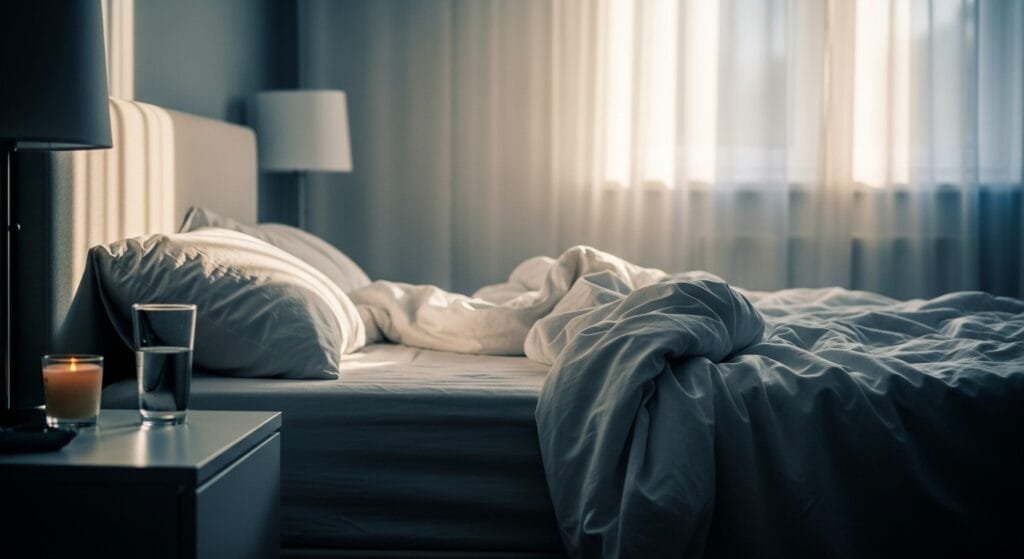 Peaceful bedroom with unmade bed and soft sunlight showing importance of quality sleep for long-term health