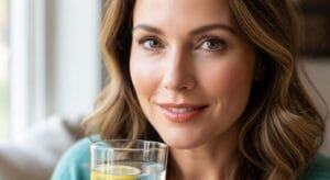 Woman with radiant hydrated skin holding glass of water demonstrating hydration anti aging benefits