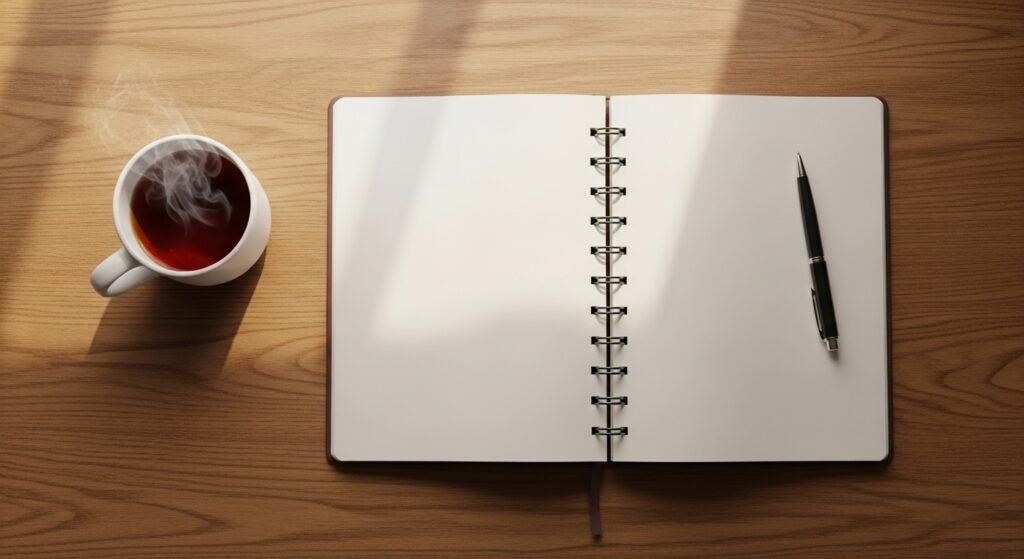 Clean wooden desk with open journal, pen, and steaming tea cup in soft natural window light for mental clarity journaling