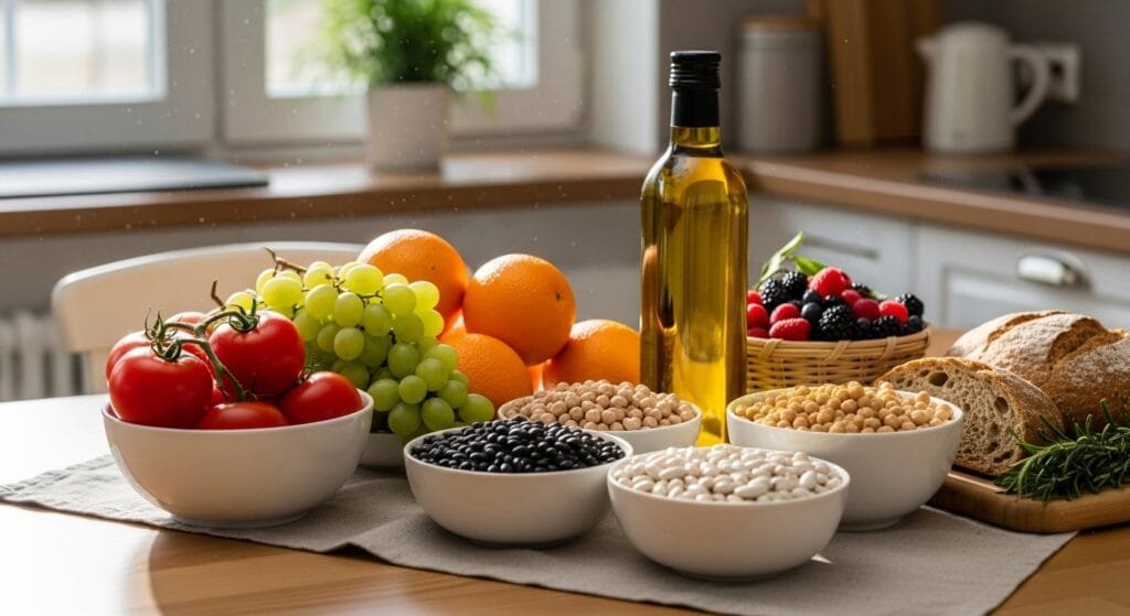 Healthy Mediterranean-style meal setup with fresh vegetables, fruits, and beans symbolizing the longevity diet.