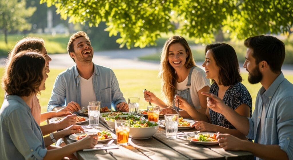 Group of friends enjoying a meal together outdoors symbolizing strong social connections for longevity.