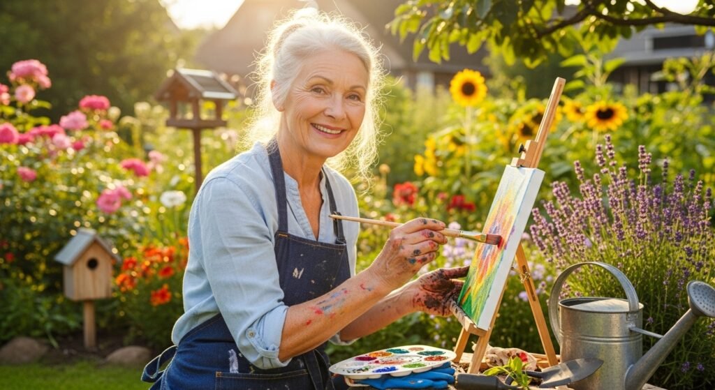 Happy elderly person gardening in morning light representing purpose and ikigai in healthy aging.