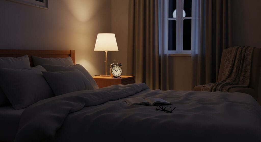 Peaceful bedroom with soft lighting symbolizing quality sleep and healthy bedtime habits for longevity.