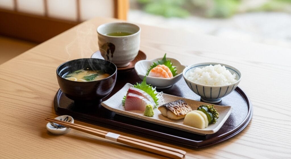 Japanese meal setting showing mindful eating and portion control inspired by the Okinawan 80 percent full rule.