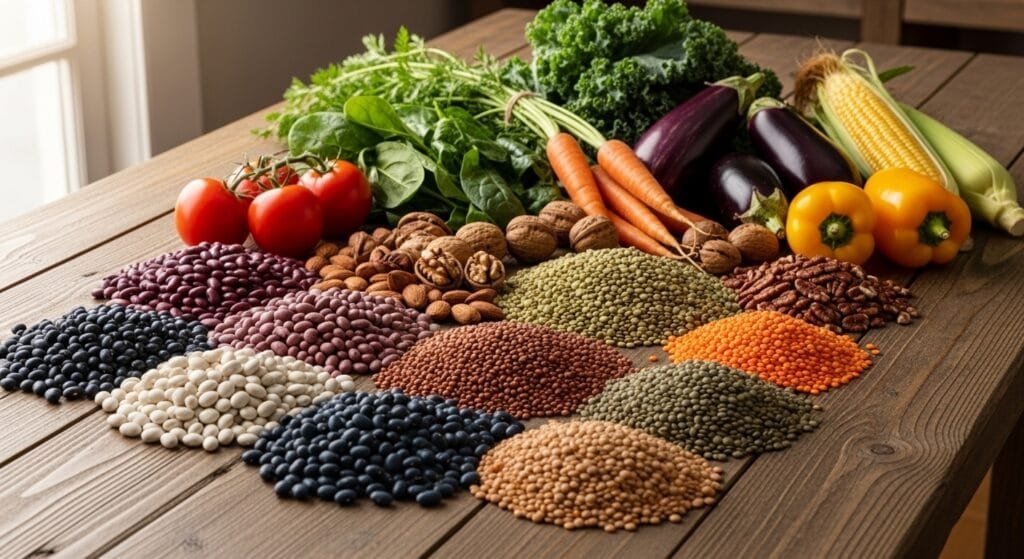 Rustic table with beans, lentils, nuts, and vegetables illustrating a traditional whole-food longevity diet.