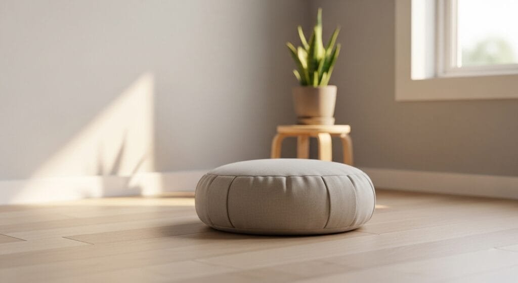 Simple home meditation space showing accessible daily mindfulness practice setup
