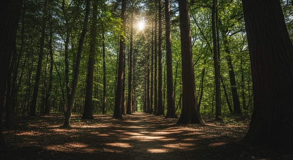 Peaceful forest path for mindful walking meditation and stress reduction