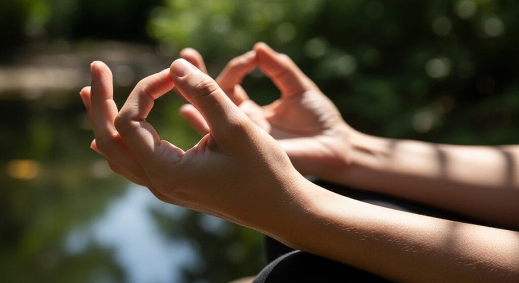 Peaceful meditation hands in mudra position representing mindfulness stress control longevity practices