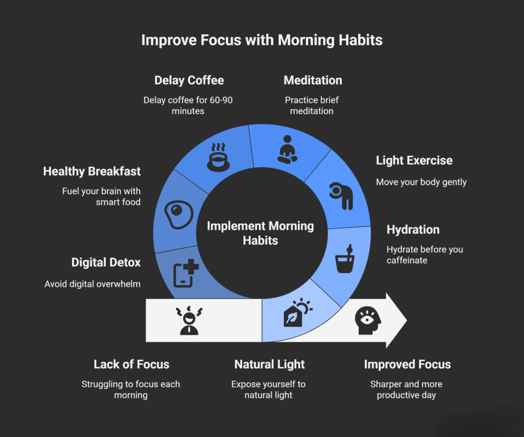 Infographic titled “Improve Focus with Morning Habits.” It features a circular chart in blue and gray showing habits that enhance focus: delay coffee for 60–90 minutes, practice brief meditation, move your body gently with light exercise, hydrate before caffeine, expose yourself to natural light, avoid digital overwhelm, and eat a healthy breakfast. The cycle flows from “Lack of Focus” to “Natural Light” and ends with “Improved Focus — Sharper and more productive day.” Central text reads “Implement Morning Habits.”