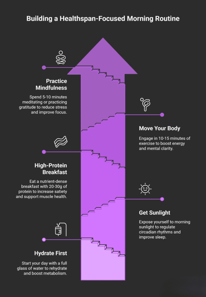 An infographic titled “Building a Healthspan-Focused Morning Routine” shows a purple arrow-shaped staircase representing steps for a healthy start to the day. From bottom to top, the steps are: “Hydrate First” — start with a full glass of water to rehydrate and boost metabolism; “High-Protein Breakfast” — eat 20–30 grams of protein for satiety and muscle health; “Get Sunlight” — expose yourself to morning sunlight to regulate circadian rhythms and improve sleep; “Move Your Body” — engage in 10–15 minutes of exercise for energy and mental clarity; and “Practice Mindfulness” — spend 5–10 minutes meditating or practicing gratitude to reduce stress and improve focus. The design uses minimalist white icons and purple highlights on a dark background.
