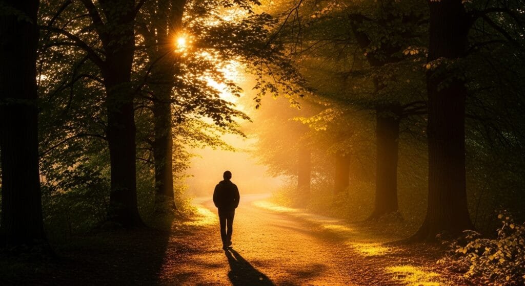 Person walking on tree-lined path in golden morning sunlight representing healthy morning light exposure routine
