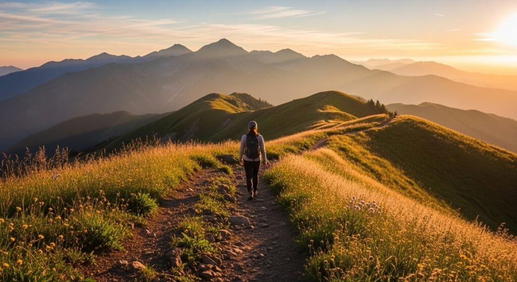Scenic nature trail with person walking during golden hour, mountains visible in background