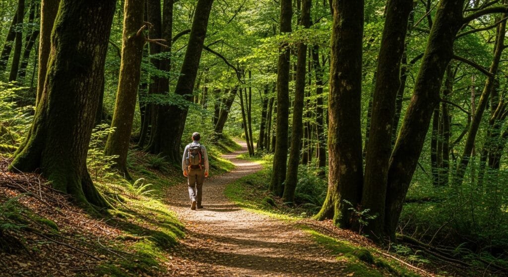 Person walking on peaceful forest trail surrounded by tall trees with natural sunlight filtering through leaves