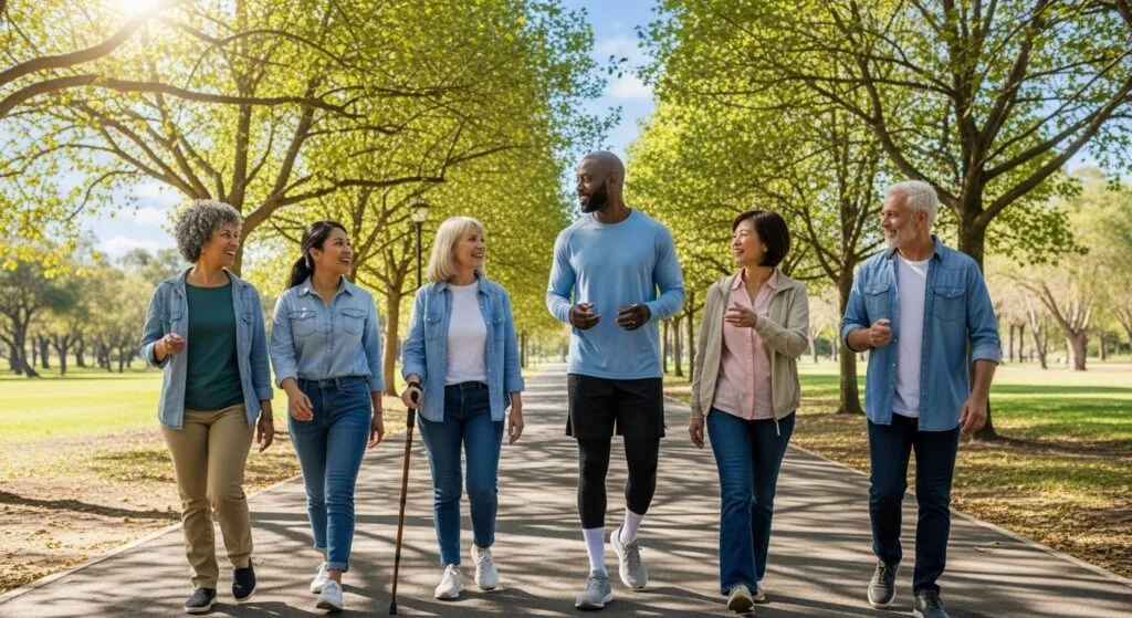 Diverse group of adults walking together in park having conversation demonstrating social connections for health