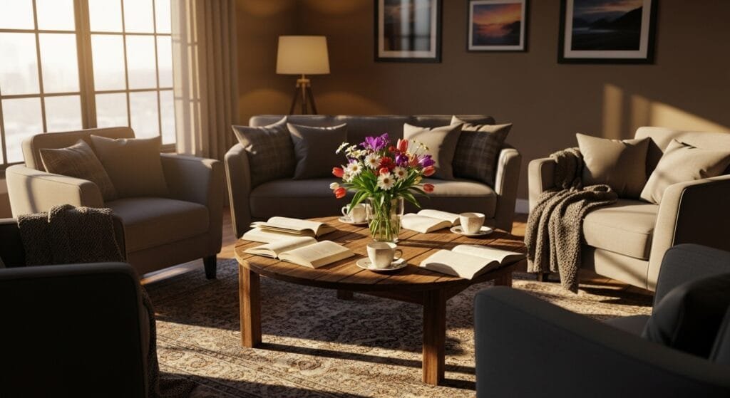 Cozy living room with chairs arranged in circle around coffee table with books and tea cups suggesting space for social connection