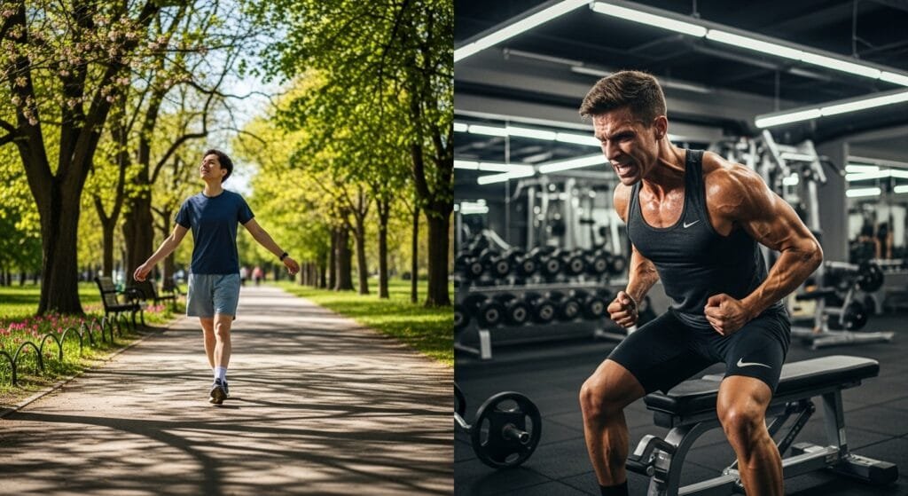 Split-screen comparison showing walking vs intense exercise