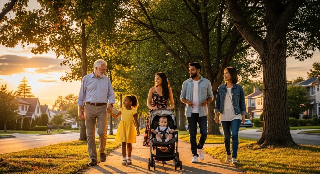 Diverse group of Americans (different ages, ethnicities) walking together on a tree-lined path or neighborhood sidewalk during golden hour