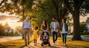 Diverse group of Americans (different ages, ethnicities) walking together on a tree-lined path or neighborhood sidewalk during golden hour