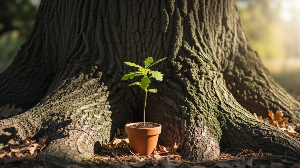 Small seedling growing beside mature plant illustrating how tiny daily health habits compound into transformative results through the 1% rule