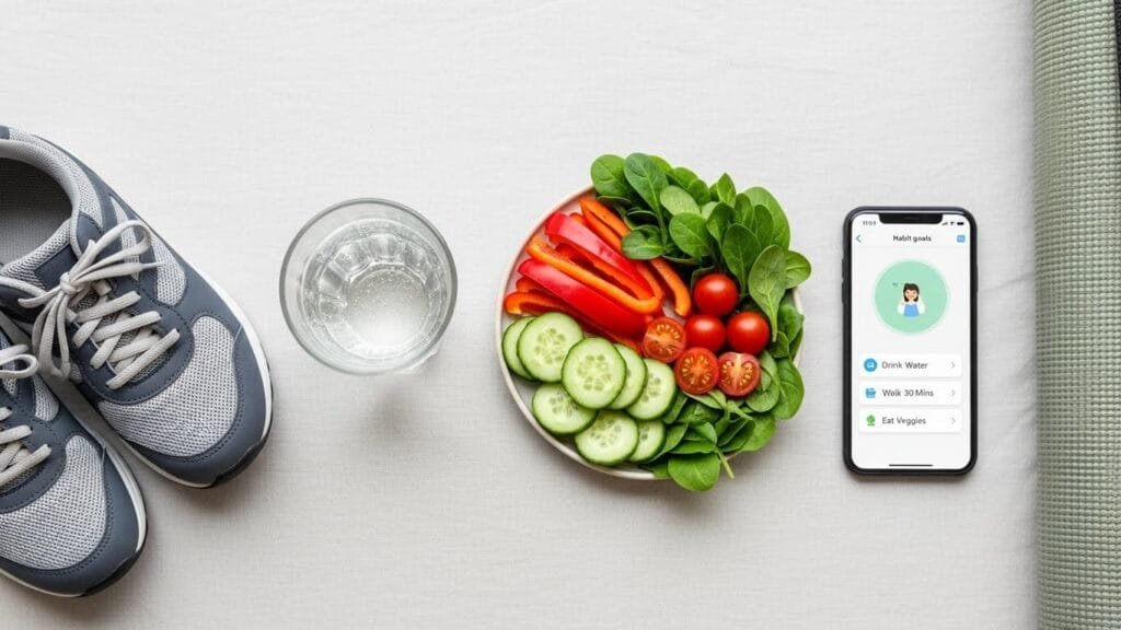 Overhead view of simple daily health habit items including water glass walking shoes fresh vegetables and habit tracking tools representing achievable 1% improvements