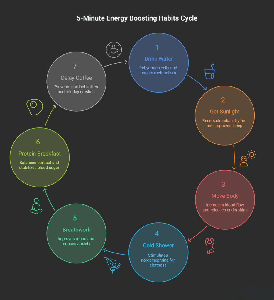 Infographic showing the 5-Minute Energy Boosting Habits Cycle with seven steps: drink water, get sunlight, move your body, take a cold shower, do breathwork, eat a protein breakfast, and delay coffee. Each step includes icons and short descriptions explaining how each habit improves energy.