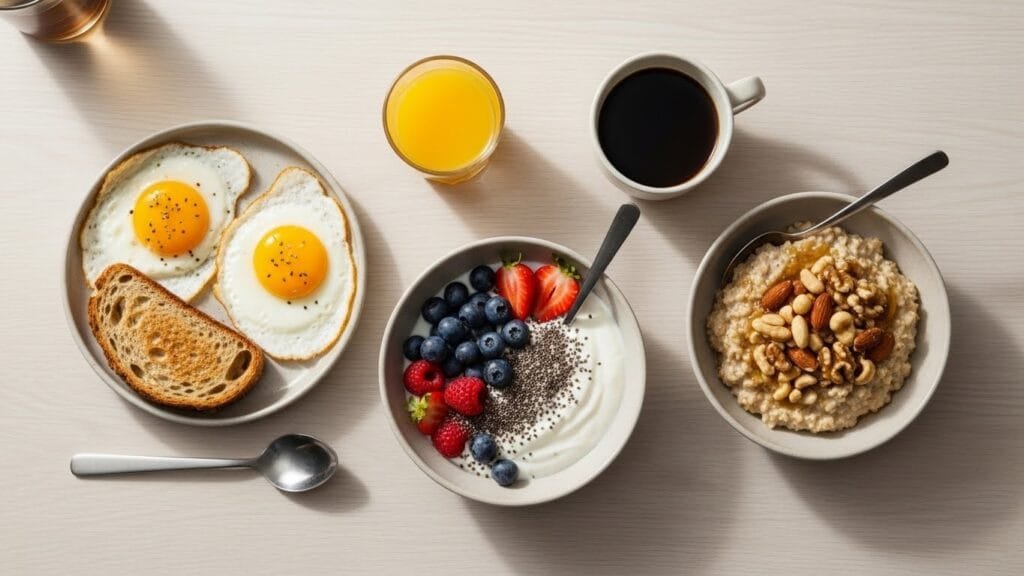 Protein-rich breakfast with eggs, whole grains, and fruit to stabilize blood sugar and sustain morning energy