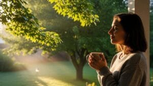 Person getting natural morning sunlight exposure outdoors to reset circadian rhythm and boost alertness