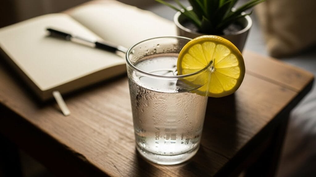Glass of lemon water on bedside table for morning hydration to increase energy and metabolism