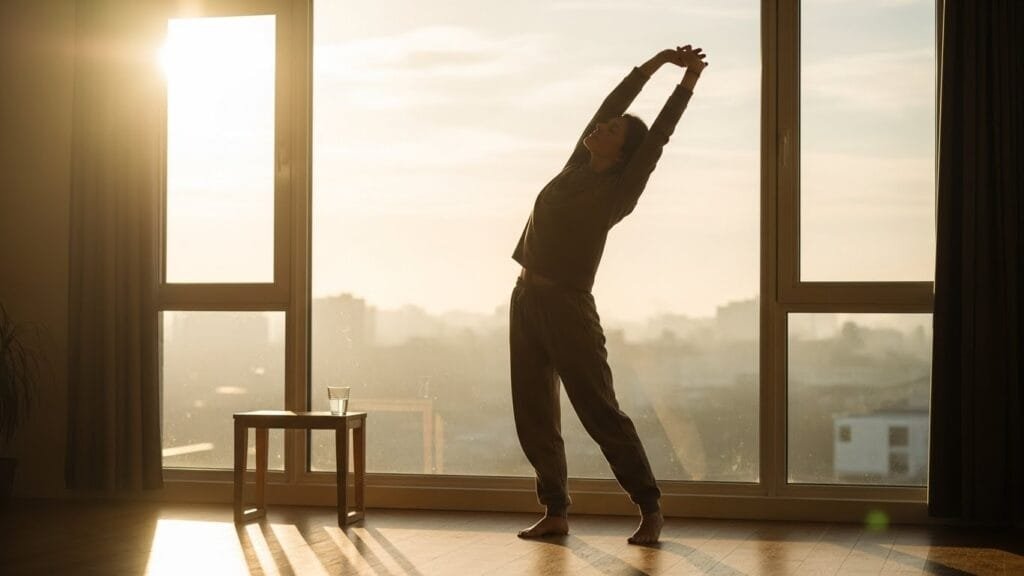 Person stretching near bright window during morning routine to boost energy naturally before coffee