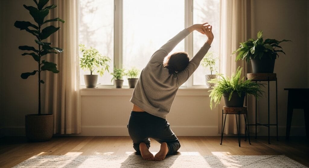 Person doing morning stretches by window with natural light representing healthy daily routine habits
