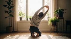 Person doing morning stretches by window with natural light representing healthy daily routine habits