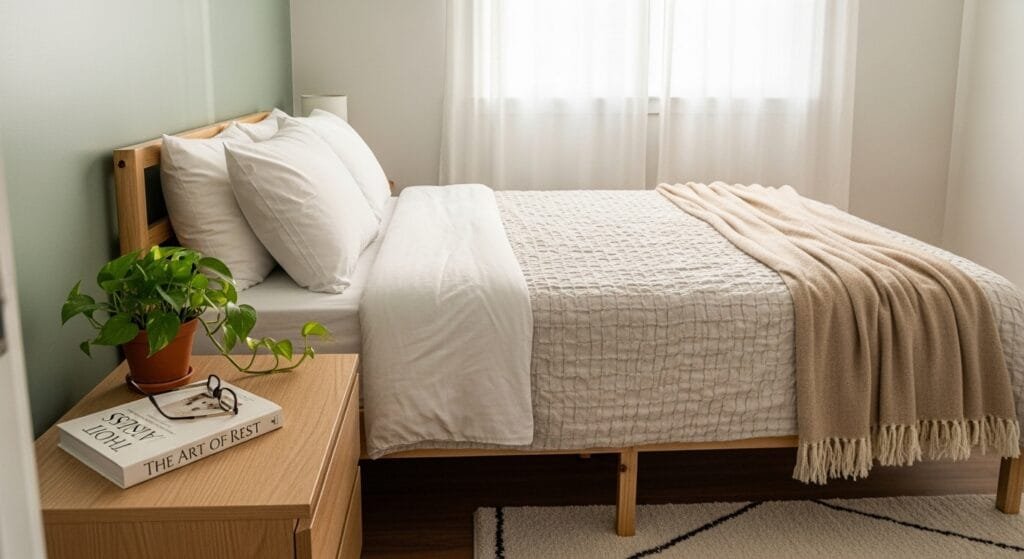 Peaceful bedroom setup with soft lighting and minimal decor promoting healthy sleep habits and rest