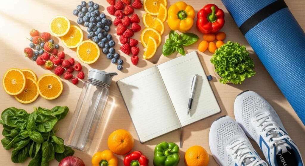 Healthy daily lifestyle choices flat lay with fresh vegetables, water bottle, exercise equipment, and journal on wooden surface