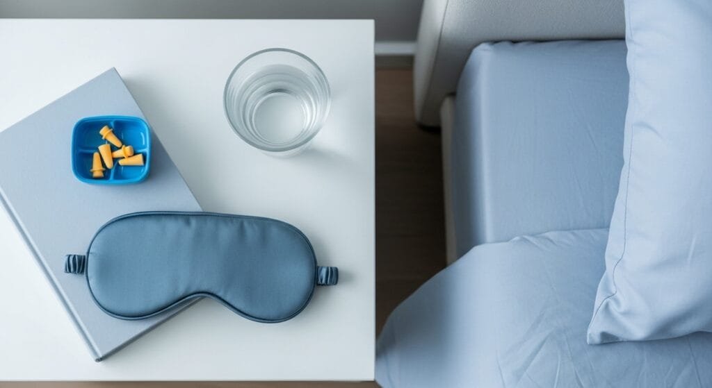 Organized bedroom nightstand with sleep essentials showing healthy sleep environment setup