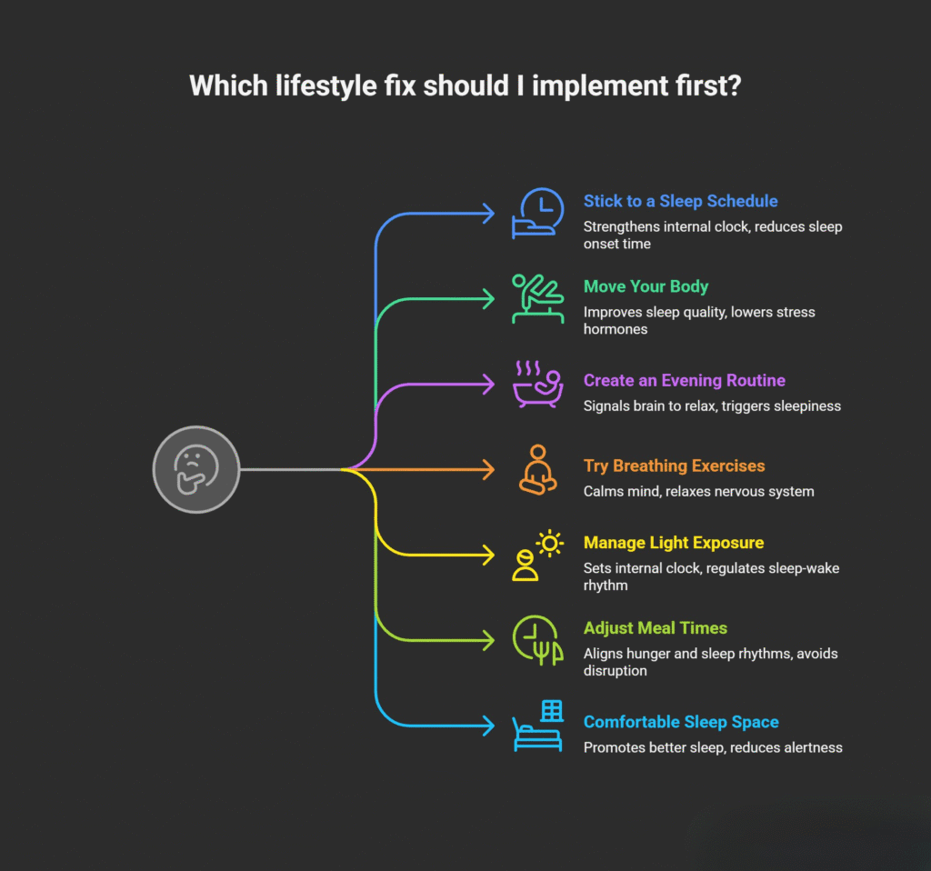 Infographic titled ‘Which lifestyle fix should I implement first?’ showing seven color-coded habits for improving sleep: sticking to a sleep schedule, moving your body, creating an evening routine, trying breathing exercises, managing light exposure, adjusting meal times, and creating a comfortable sleep space. Each habit includes a small icon and a brief benefit description.