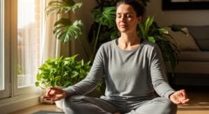 Person meditating in comfortable home setting demonstrating breathing exercises for stress relief and better sleep