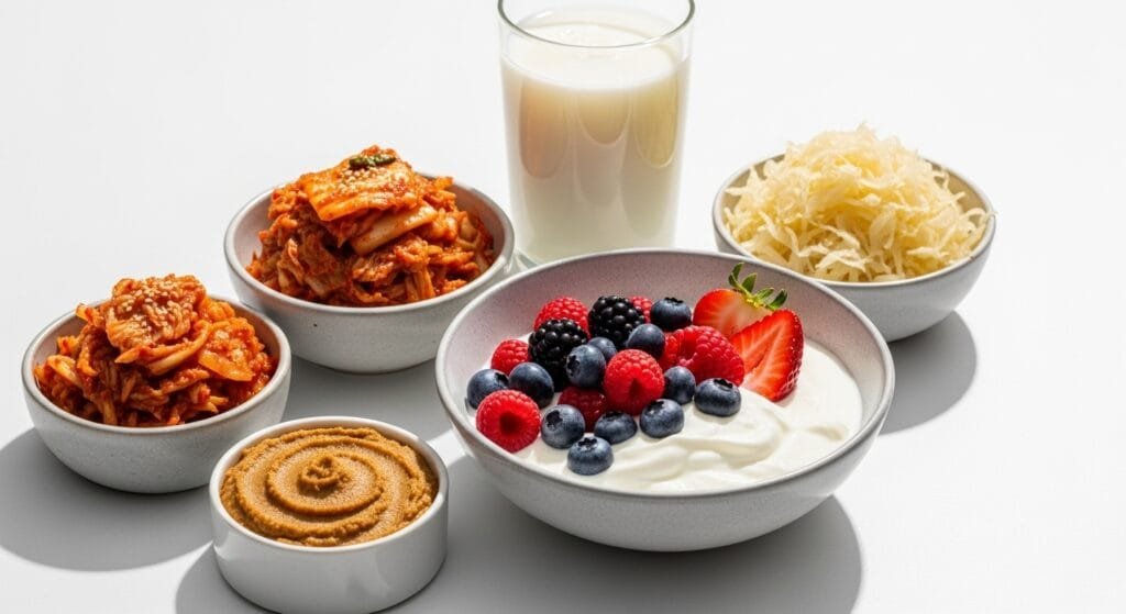 Probiotic-rich fermented foods including yogurt, kimchi, miso, and sauerkraut for gut health and energy