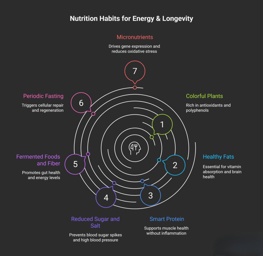 Infographic titled ‘Nutrition Habits for Energy & Longevity’ on a dark background, showing seven nutrition habits arranged in concentric circles around a central brain-and-fork icon. Each habit is numbered with a colored bubble: (1) Colorful Plants – rich in antioxidants and polyphenols; (2) Healthy Fats – essential for vitamin absorption and brain health; (3) Smart Protein – supports muscle health without inflammation; (4) Reduced Sugar and Salt – prevents blood sugar spikes and high blood pressure; (5) Fermented Foods and Fiber – promotes gut health and energy levels; (6) Periodic Fasting – triggers cellular repair and regeneration; (7) Micronutrients – drives gene expression and reduces oxidative stress.