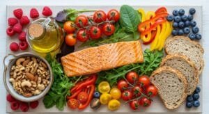Colorful Mediterranean diet ingredients including fresh vegetables, salmon, nuts, olive oil, and berries arranged on wooden table for longevity and energy